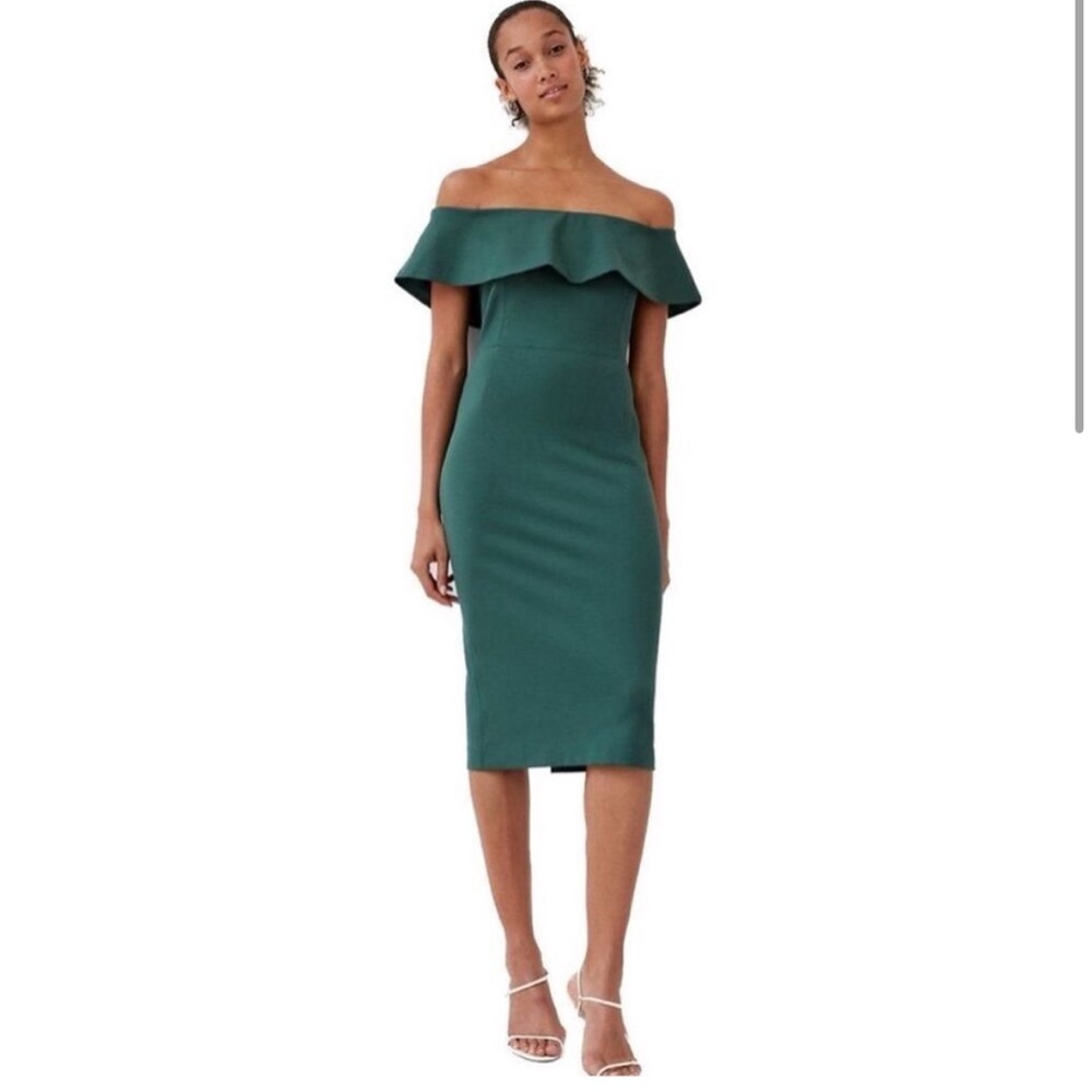 Babaton Aritzia Ruslan Green off the shoulder midi pencil dress